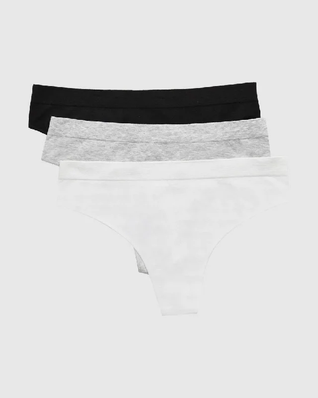 Cabana Cotton Seamless Thong Underwear 3 Pack  - Black White Heather Grey