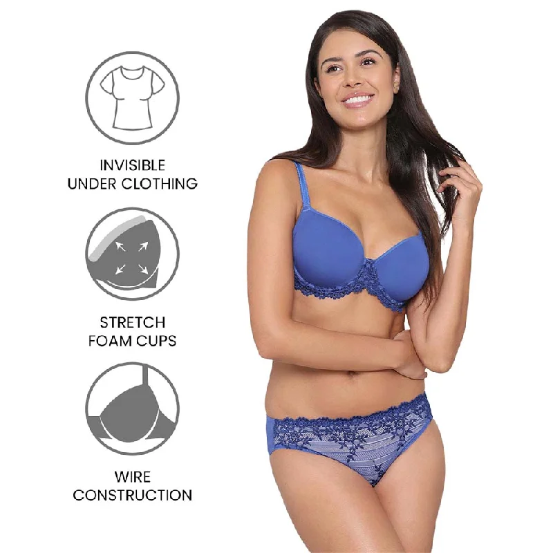 Embrace Lace Contour Padded Wired 3/4th Cup Everyday Wear Medium coverage T-Shirt Bra - Blue