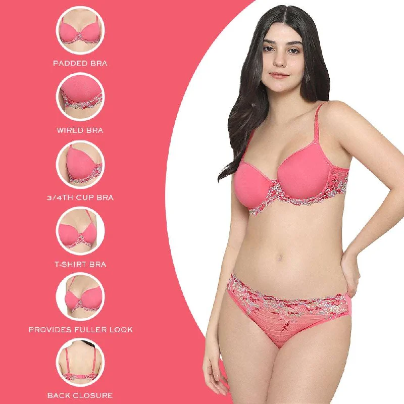 Embrace Lace Contour Padded Wired 3/4th Cup Everyday Wear Medium coverage T-Shirt Bra - Pink