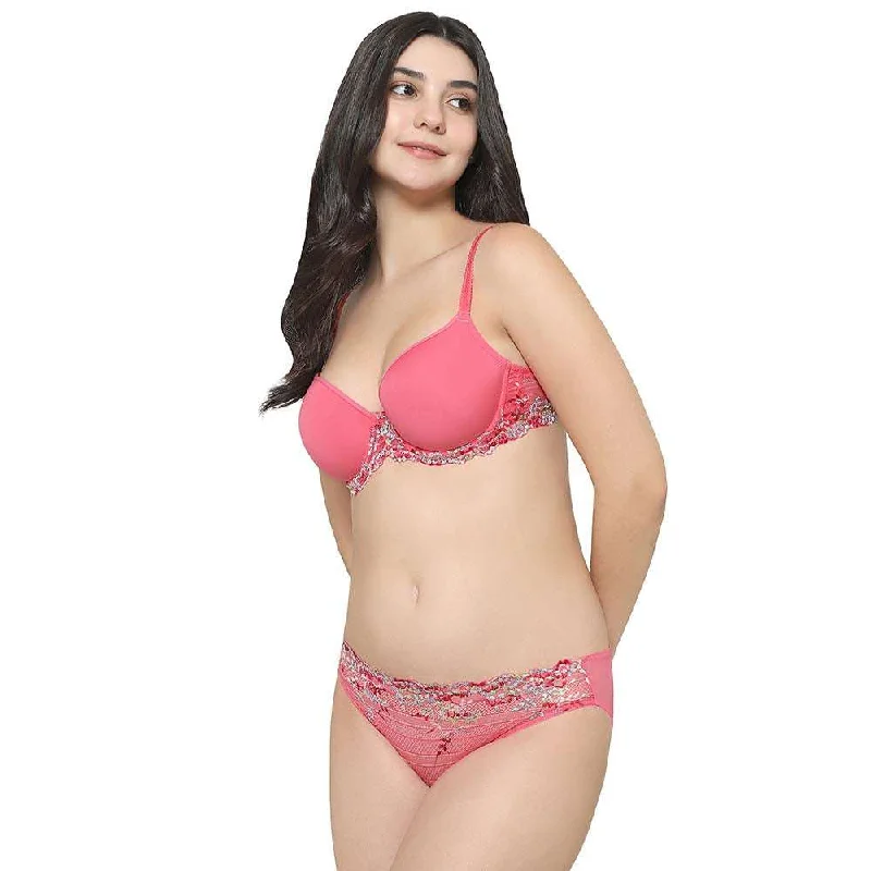 Embrace Lace Contour Padded Wired 3/4th Cup Everyday Wear Medium coverage T-Shirt Bra - Pink