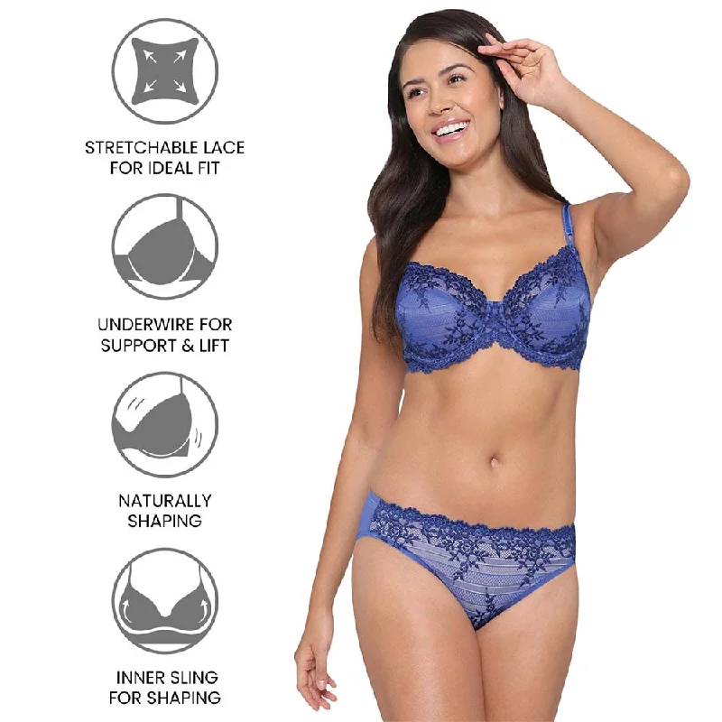 Embrace Lace Non Padded Wired 3/4th Cup Bridal Wear Medium coverage Fashion Bra - Blue