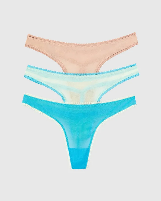 Gossamer Mesh Hip G Thong Underwear 3-Pack - Ambrosia Champagne Blue Mist