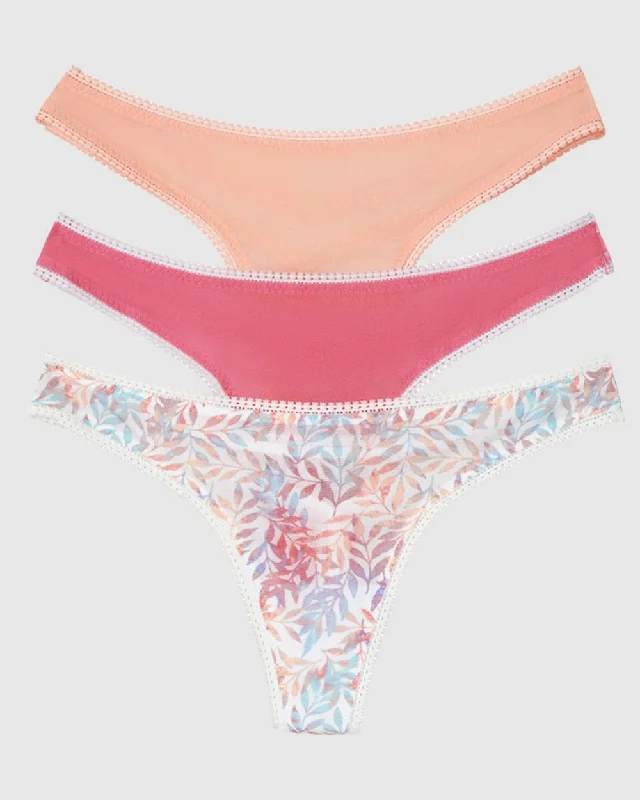 Gossamer Mesh Hip G Thong Underwear 3-Pack - Dancing Leaves Confetti Tropical Peach