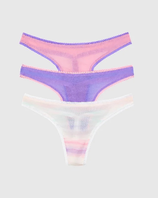 Gossamer Mesh Hip G Thong Underwear 3-Pack - Iris Sea Pink Sunset Stripe