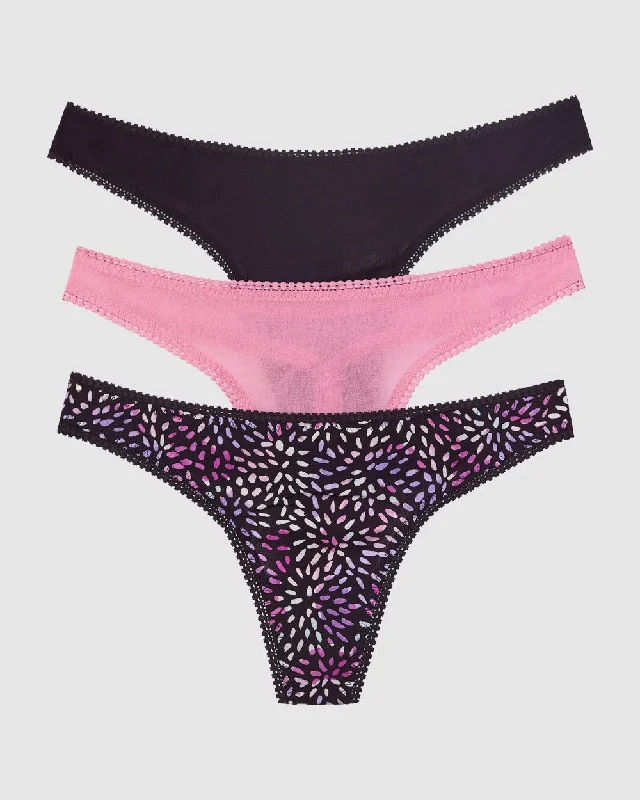 Gossamer Mesh Hip G Thong Underwear 3 Pack - Mauve Orchid Black Confetti Burst