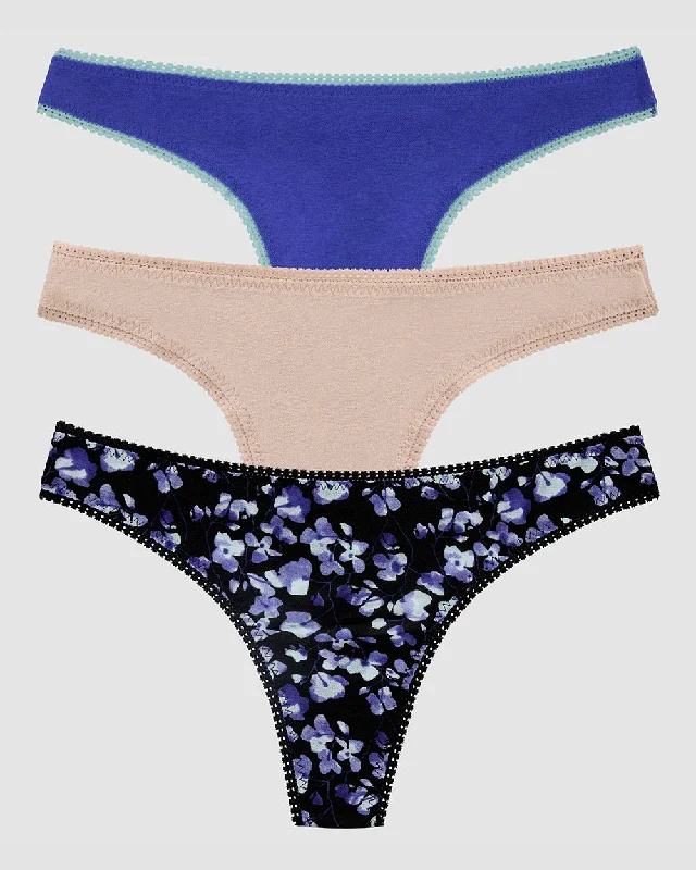 Gossamer Mesh Hip G Thong Underwear 3-Pack - Royal Blue Champgane Evening Blossom