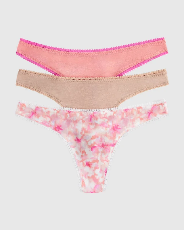 Gossamer Mesh Hip G Thong Underwear 3-Pack - Watercolor Floral Champagne Sunset Rose