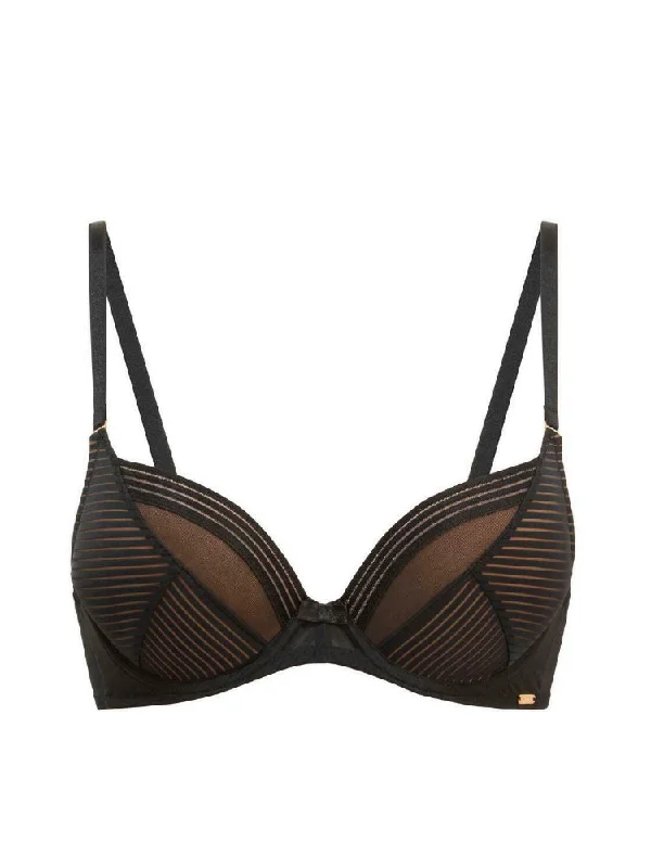 Sheer Stripe Padded Plunge Bra - Black