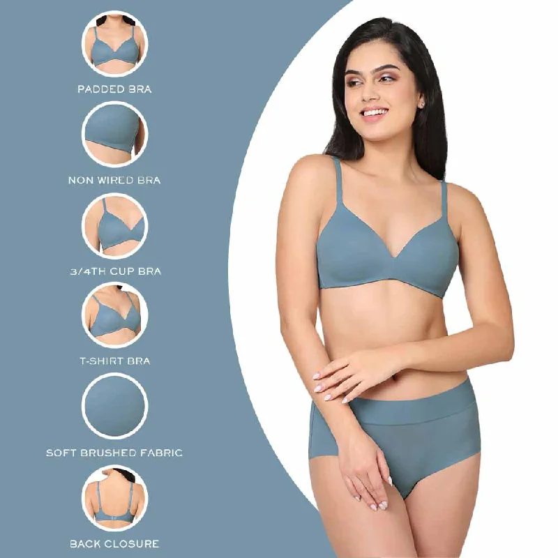 How Perfect Padded Non-wired 3/4th Cup Everyday Wear Seamless T-Shirt Bra - Blue