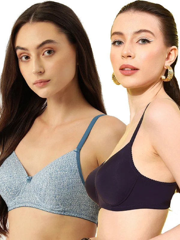 Leading Lady Women's Pack of 2 Solid & Printed T-Shirt Bra with Full Coverage and Non Wire [ BRA-4058-4050-2 ]