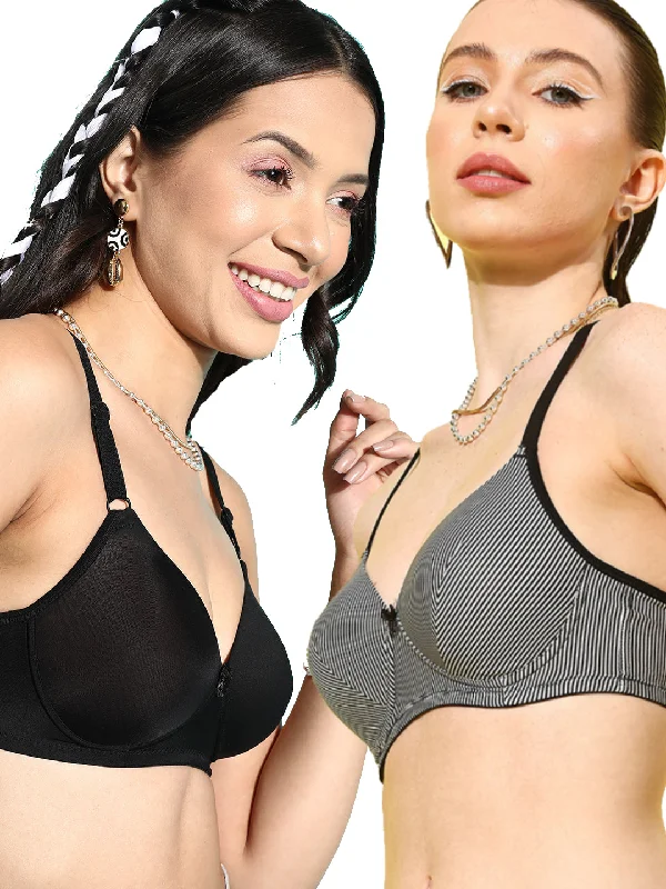 Leading Lady Women's Pack of 2 Solid & Printed T-Shirt Bra with Full Coverage and Non Wire [ BRA-4028-4046-2 ]