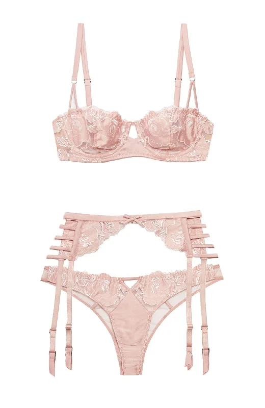 Rose Logo Embroidery Bra, Garter Belt and Cheeky Brief Set