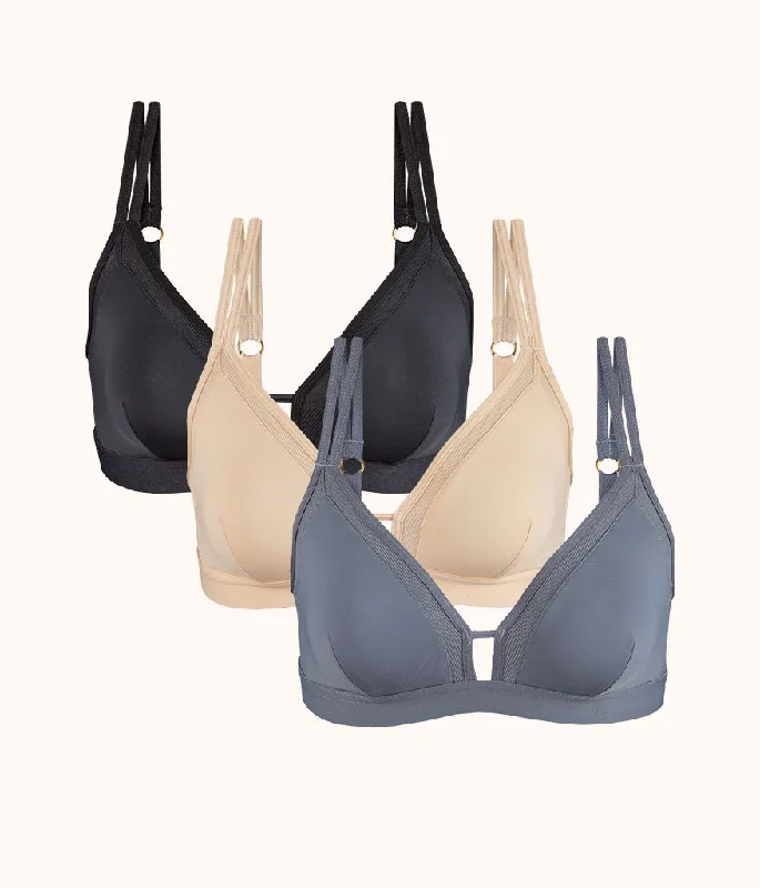 The Mesh Trim Padded Bra Trio: Toasted Almond/Jet Black/Smoke