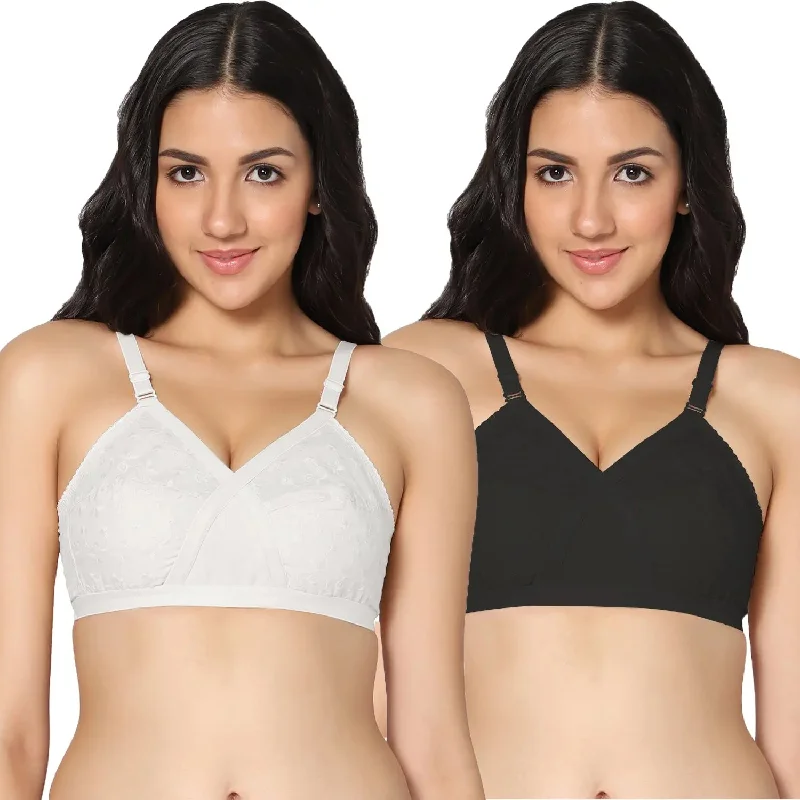 Full Coverage Embroidery Cotton Non-Padded Bra (Pack of 2)