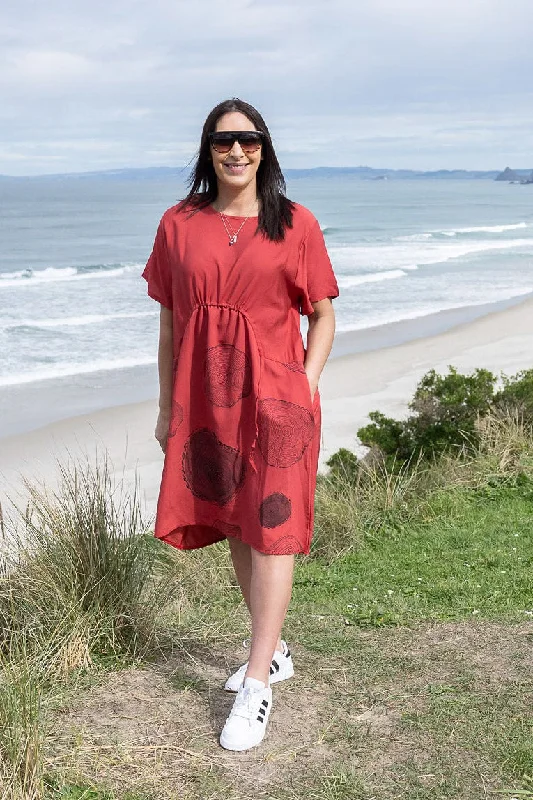 Red - Circle/Curved Front Drawstring Pocket Dress