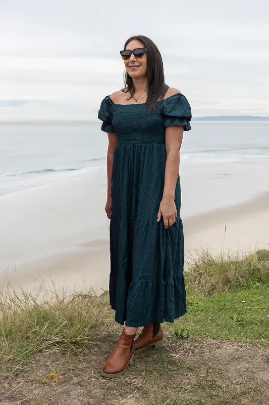 Dark Emerald - Short Sleeve Shirred Ivy Dress