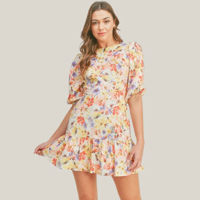 Floral Print Back Detail Dress (Yellow Multi)