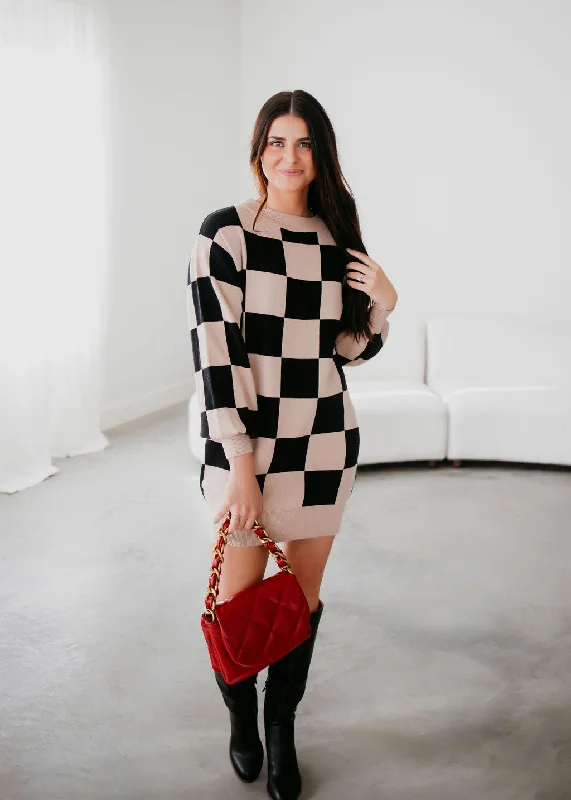 Fynn Checkered Knit Sweater Dress