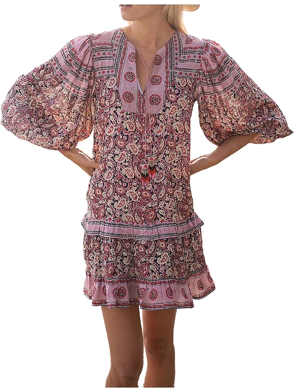 Amelia Womens Boho Puff Sleeve Mini Dress