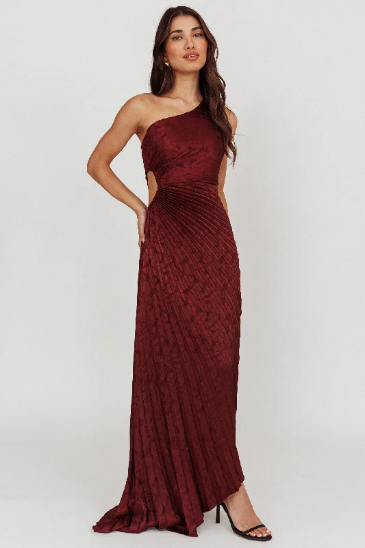 Amelie One-Shoulder Accordion Pleat Maxi Dress Merlot