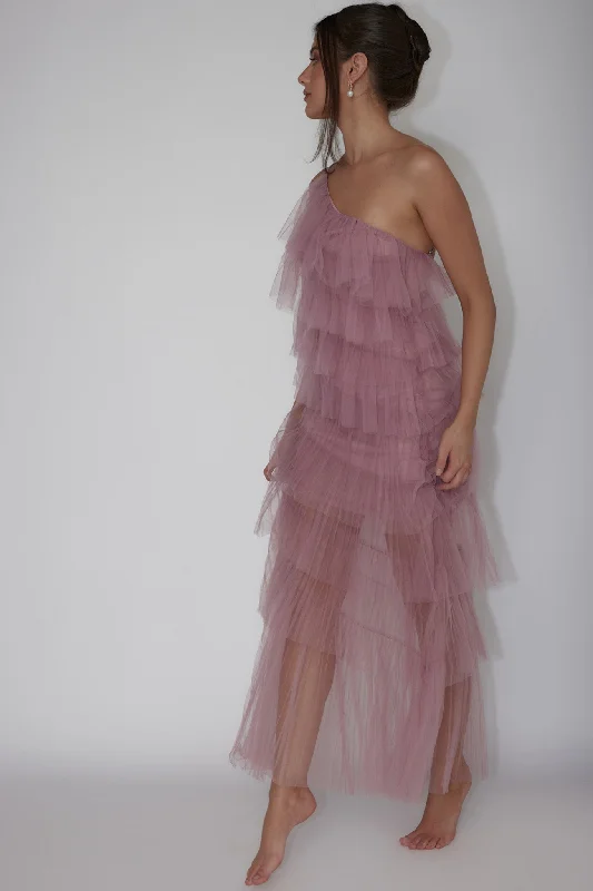 Arrabel Tiered Ruffle Tulle Maxi Dress Plum