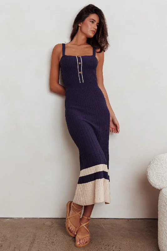 Cayla Contrast Ribbed Knit Maxi Dress Navy