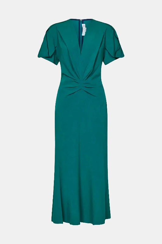 Gathered V-Neck Midi Dress in Petroleum