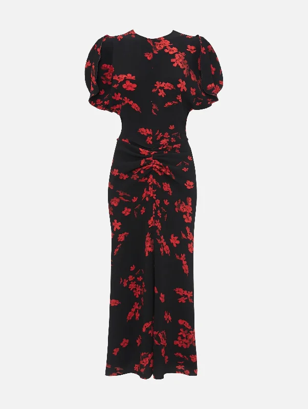 Gathered Waist Midi Dress in Sci-fi Floral Black