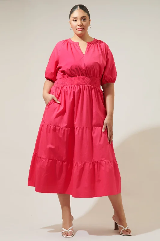 Jamila Poplin Puff Sleeve MIdi Dress Curve