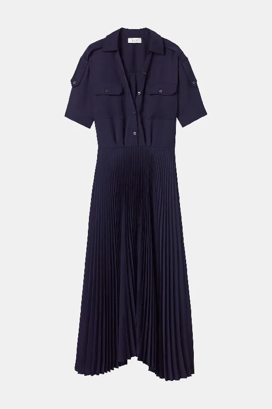 Liam Pleated Midi Dress in Navy