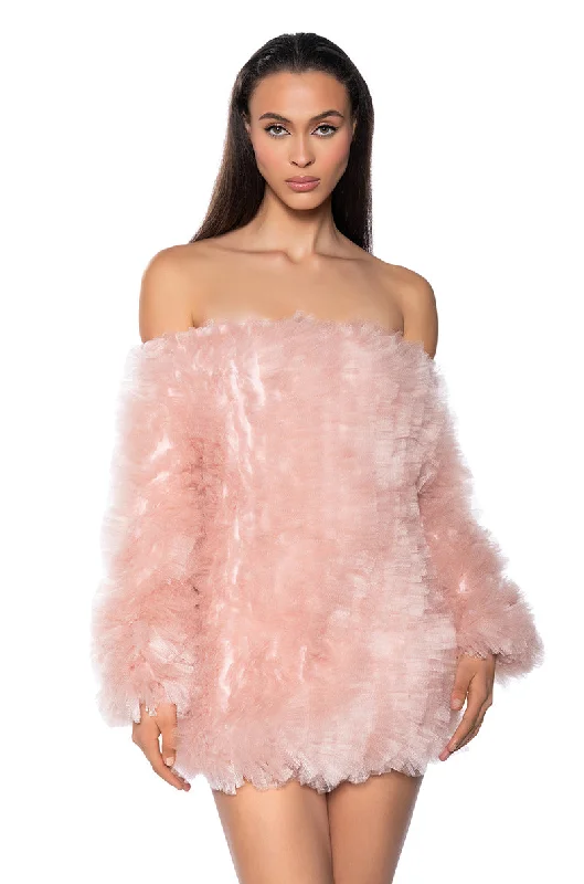 LOOFAH OFF THE SHOULDER MINI DRESS