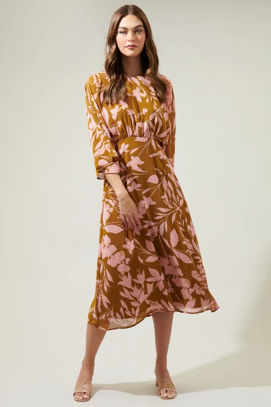 Magnolia Floral Kimono Sleeve Drapery Midi Dress