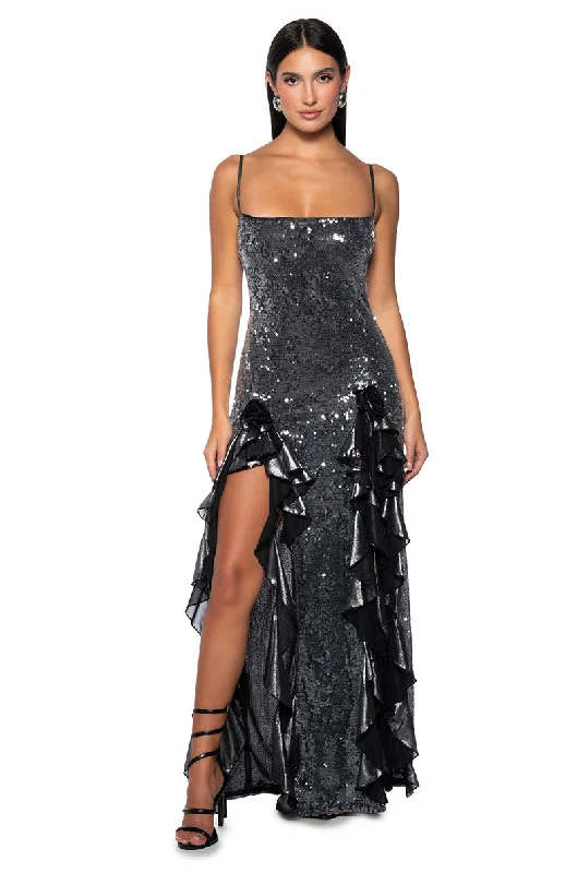 METALLIC DREAMS SEQUIN RUFFLE MAXI DRESS