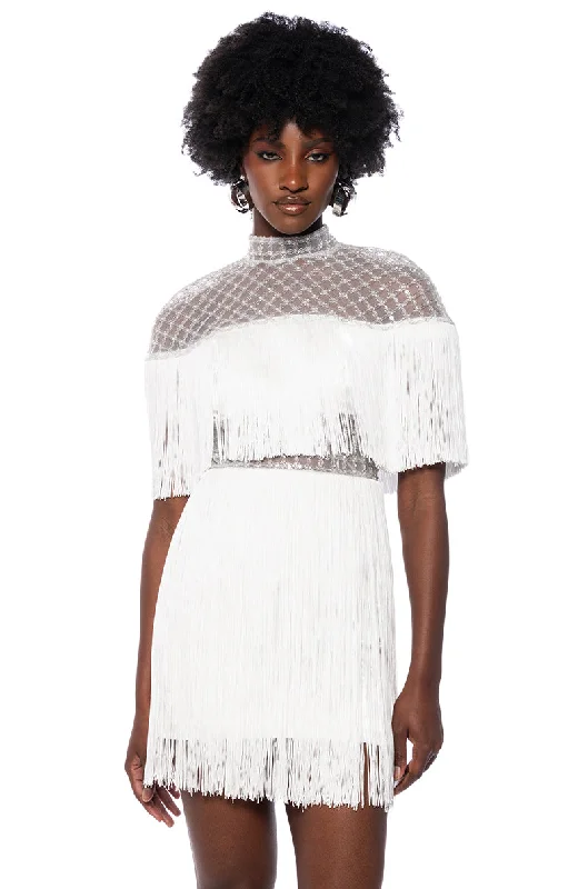 MYLAH FRINGE DETAIL SHORT SLEEVE MINI DRESS IN WHITE