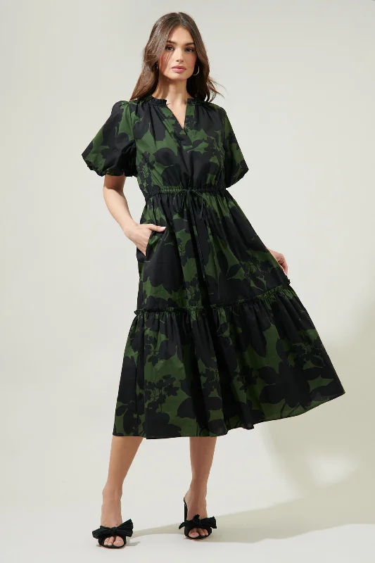 Night Moss Ginny Bubble Sleeve Midi Dress