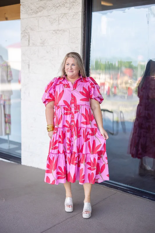 Palm Floral Pink Midi Dress