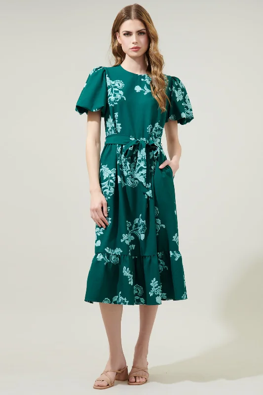 Piney Jacobean Palomino Bubble Sleeve Midi Dress