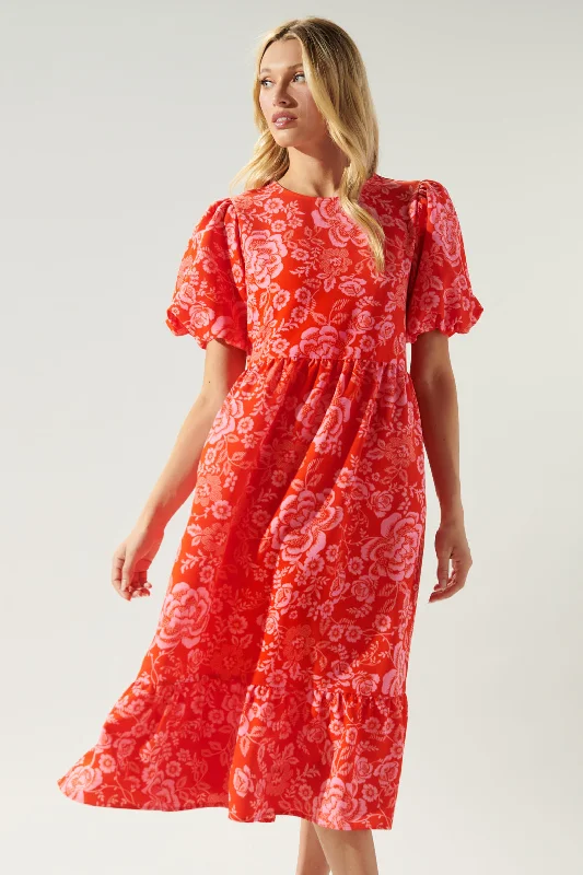 Rhubarb Floral Papillon Puff Sleeve Midi Dress