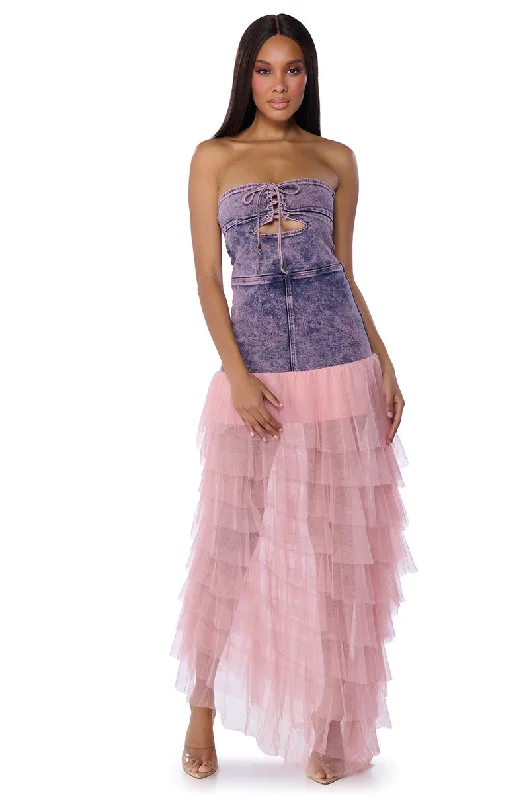 SHARPAY RUFFLE DENIM MAXI DRESS