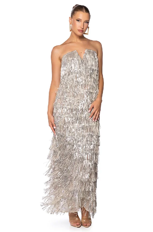 TOP OF THE WORLD STRAPLESS SEQUIN FRINGE MAXI DRESS IN SILVER MULTI