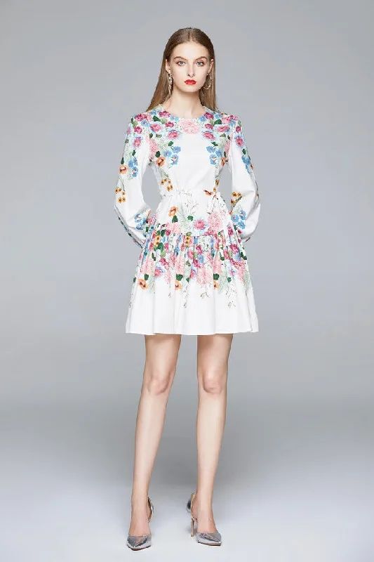 WHITE & MULTICOLOR FLORAL PRINT Day A-line Crewneck Long Sleeve Mini Dress