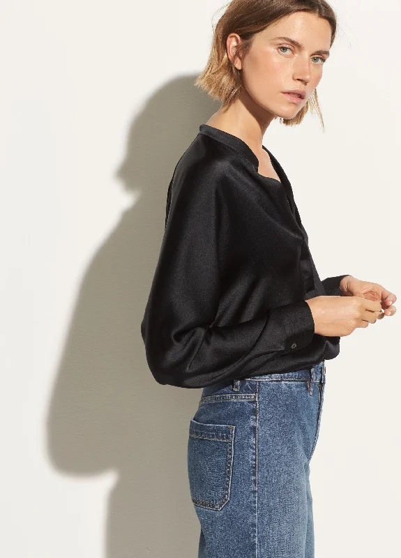 Band Collar Silk Blouse - Black