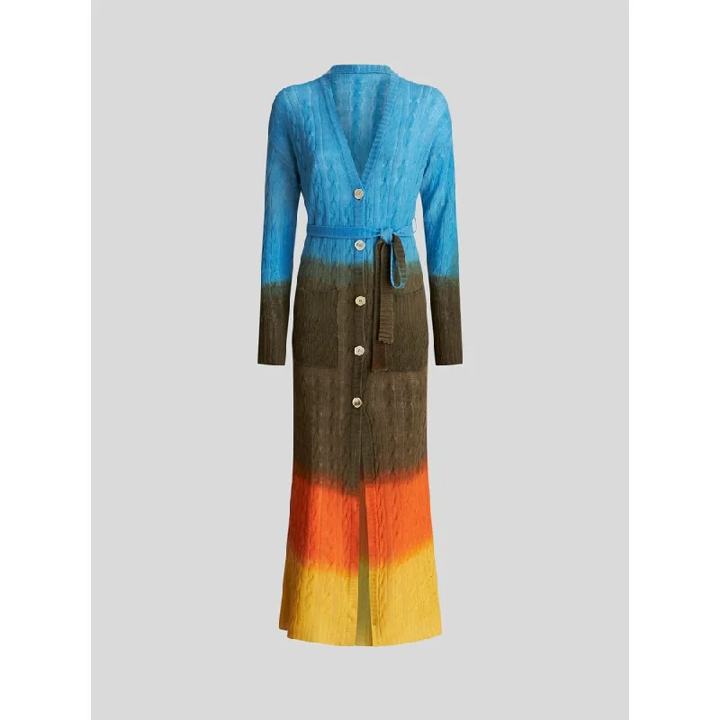 Colour Shaded Long Cable Wool Cardigan