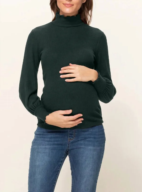 Curly Hem Mock Neck Ribbed Sweater Knit Maternity Top In Dark Green