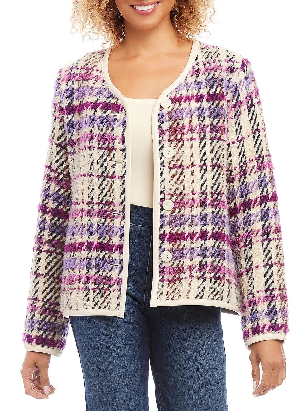 Majestic Magenta Womens Boucle Plaid Cardigan Sweater