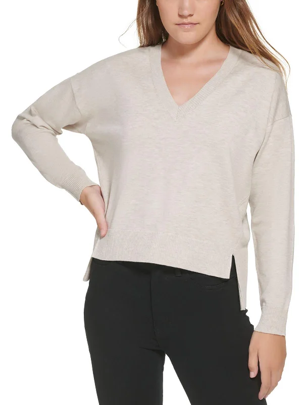 Petites Womens Ribbed Trim Hi-Low Pullover Sweater