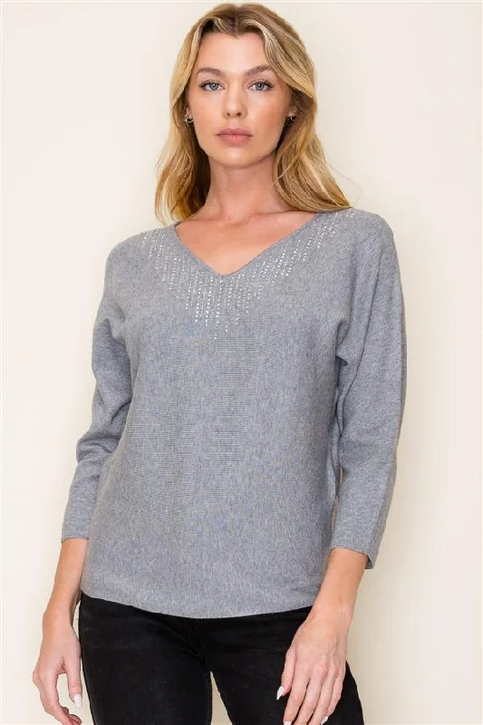 Gray Rhinestone Dolman 3/4 Sleeve Top