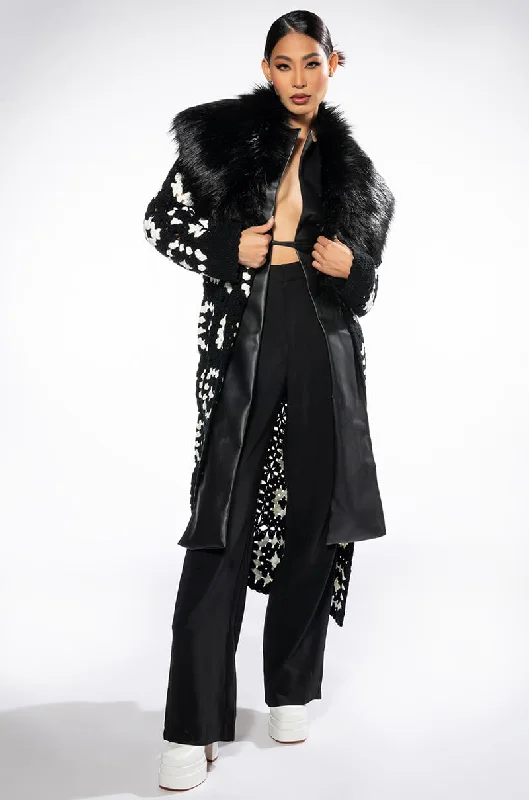 HAYAO HAND KNIT CROCHET TRENCH WITH FAUX FUR COLLAR