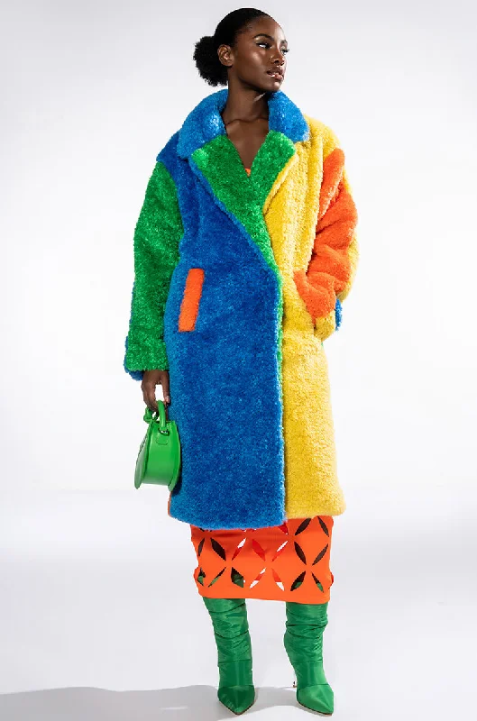 MULTI COLOR BLOCK RAINBOW TEDDY FAUX FUR COAT